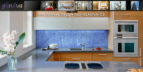 GLAVIVA ® ARCHITEKTURGLAS-BEDRUCKUNG • Fotos - Ideen - Anregungen - Bilder - Beispiele als Design-Vorlagen zum Kunstdruck auf Glas von GLAVIVA ® Design und Kunstdruck auf Glas in der Architektur • Interaktives Glas-Design-Tool • Kuechenrueckwand 'Volimea Blau'